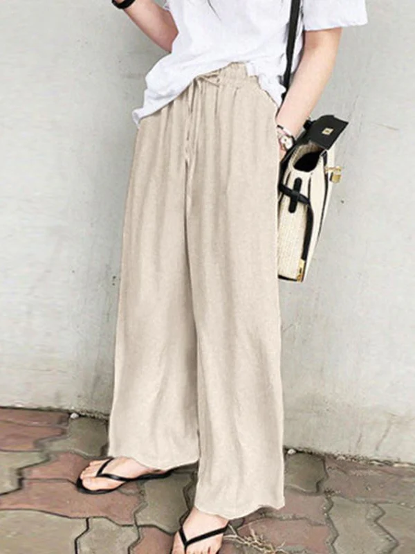 High Waisted Loose Drawstring Pockets Solid Color Pants Trousers - Image 7