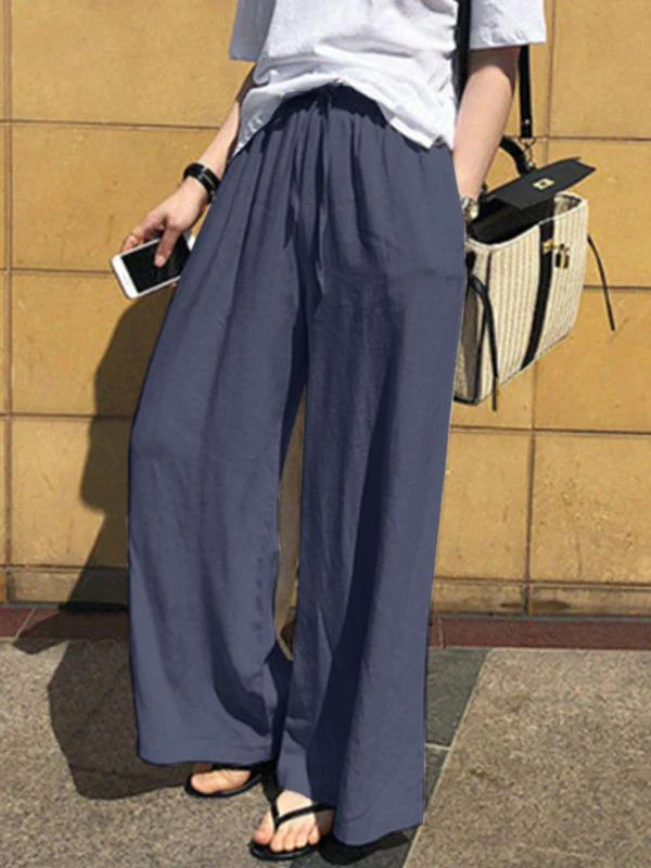 High Waisted Loose Drawstring Pockets Solid Color Pants Trousers - Image 8