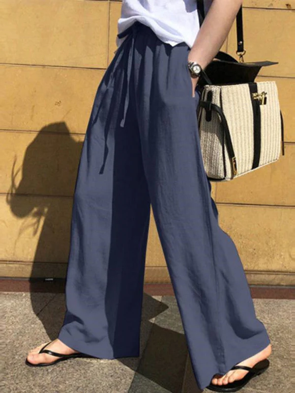 High Waisted Loose Drawstring Pockets Solid Color Pants Trousers - Image 9