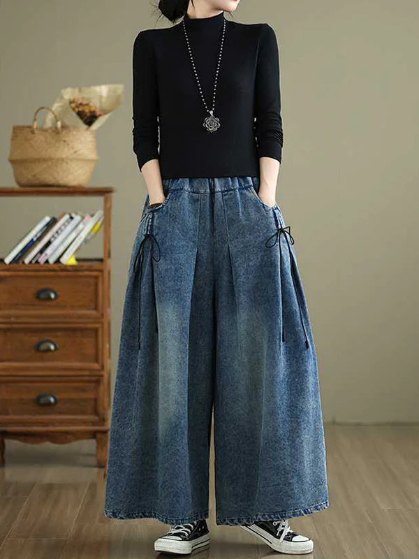 High Waisted Loose Elasticity Pleated Pockets Jean Pants Bottoms - Image 10