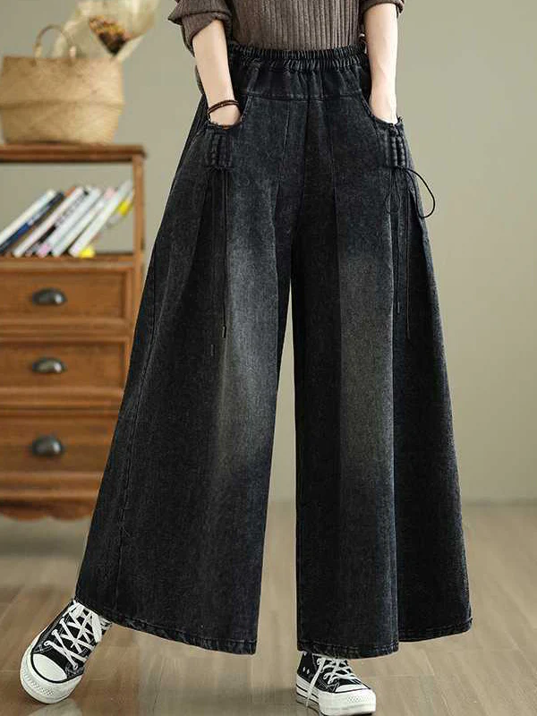High Waisted Loose Elasticity Pleated Pockets Jean Pants Bottoms - Image 2