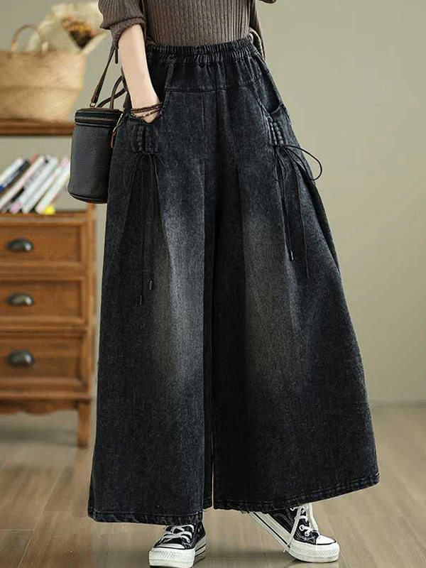 High Waisted Loose Elasticity Pleated Pockets Jean Pants Bottoms - Image 4