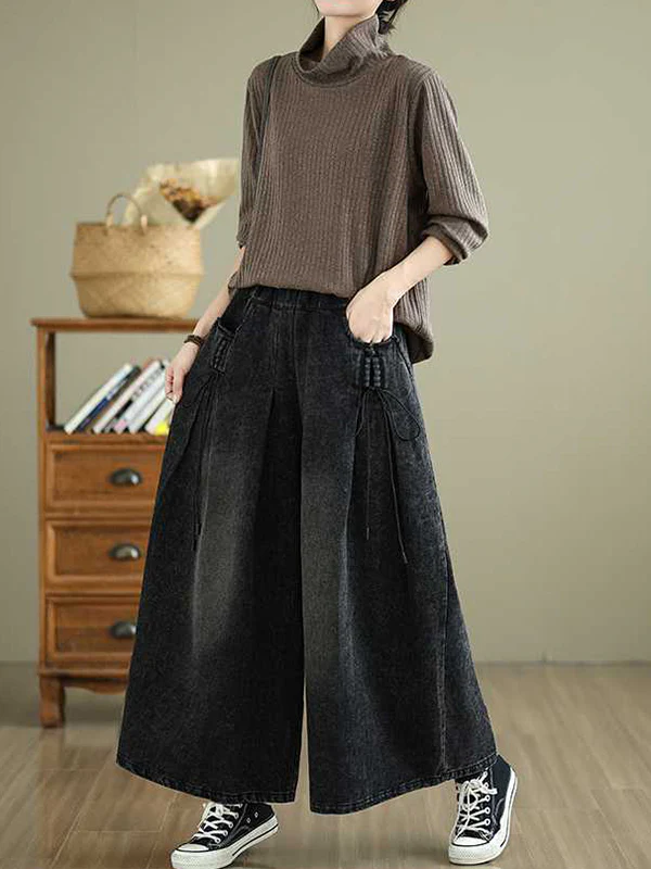 High Waisted Loose Elasticity Pleated Pockets Jean Pants Bottoms - Image 5