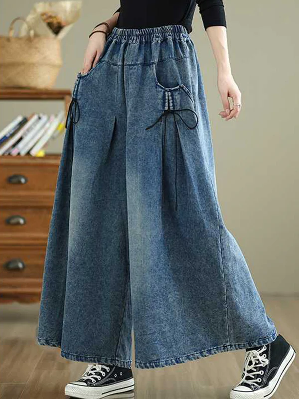 High Waisted Loose Elasticity Pleated Pockets Jean Pants Bottoms - Image 6