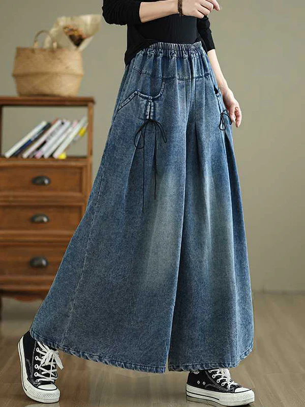 High Waisted Loose Elasticity Pleated Pockets Jean Pants Bottoms - Image 8