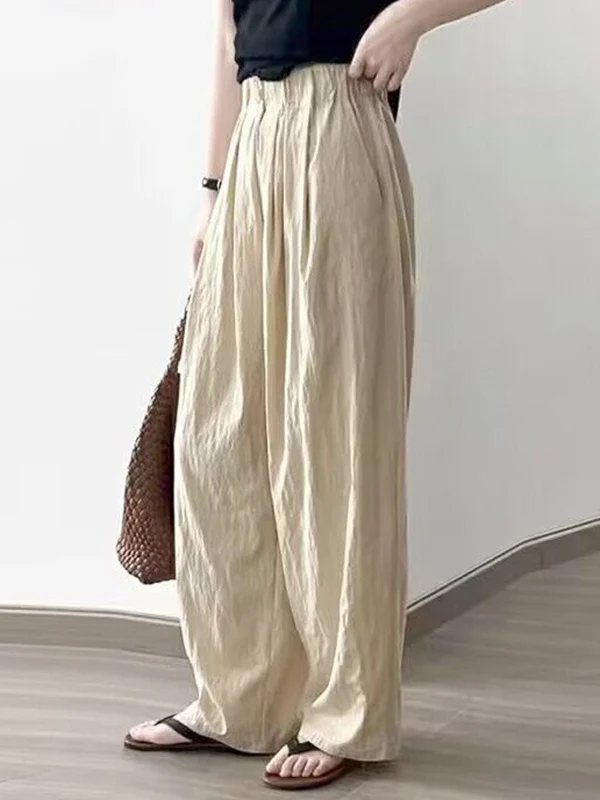 High Waisted Loose Elasticity Pleated Pockets Solid Color Pants Trousers - Image 10