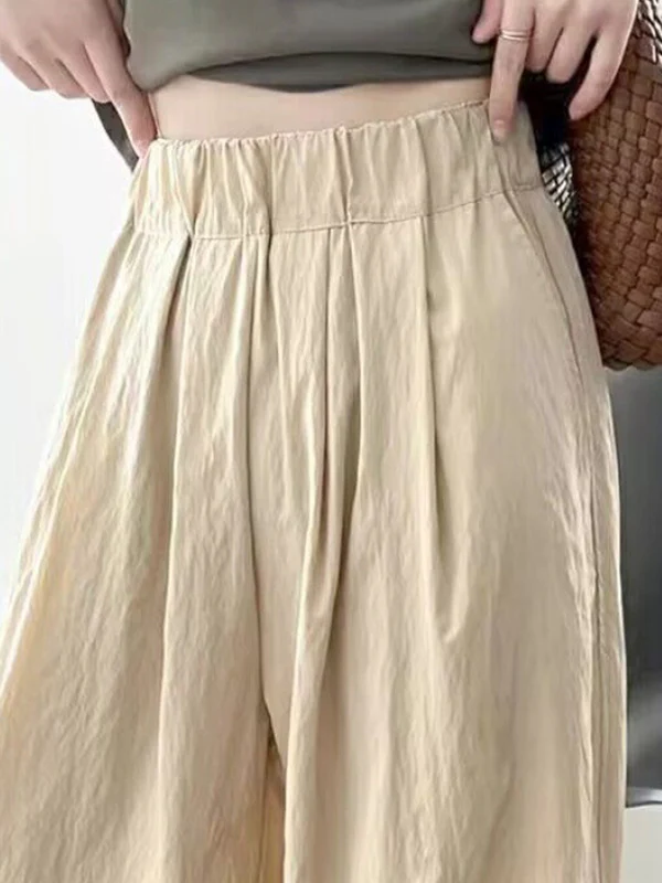 High Waisted Loose Elasticity Pleated Pockets Solid Color Pants Trousers - Image 11