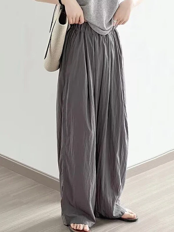 High Waisted Loose Elasticity Pleated Pockets Solid Color Pants Trousers - Image 12