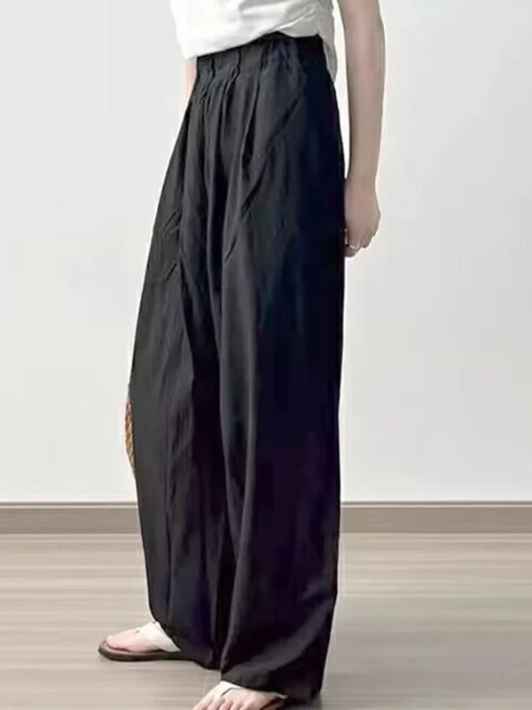 High Waisted Loose Elasticity Pleated Pockets Solid Color Pants Trousers - Image 2