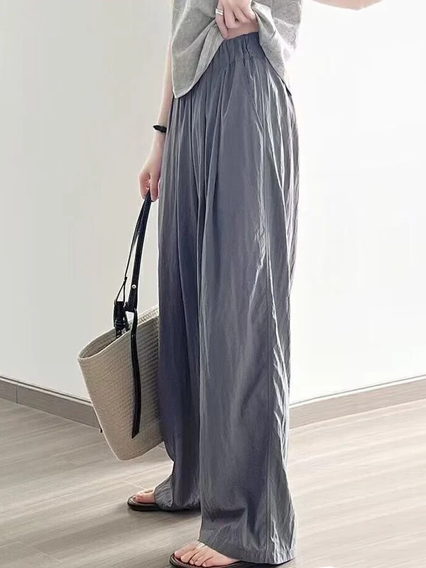 High Waisted Loose Elasticity Pleated Pockets Solid Color Pants Trousers - Image 3