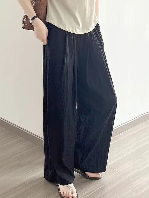 High Waisted Loose Elasticity Pleated Pockets Solid Color Pants Trousers - Image 4