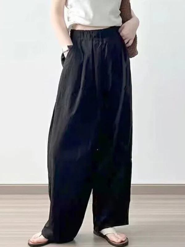 High Waisted Loose Elasticity Pleated Pockets Solid Color Pants Trousers - Image 5