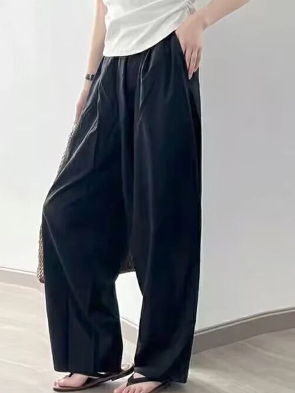 High Waisted Loose Elasticity Pleated Pockets Solid Color Pants Trousers - Image 6