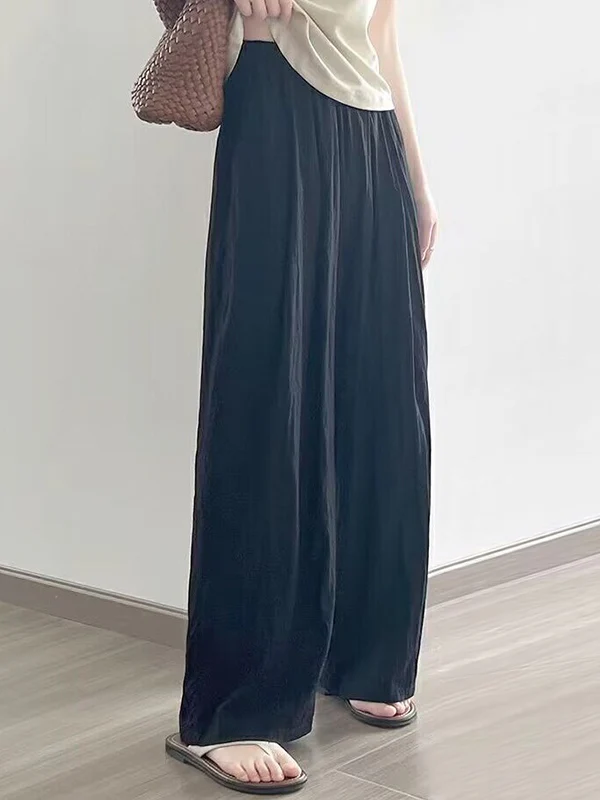High Waisted Loose Elasticity Pleated Pockets Solid Color Pants Trousers - Image 7