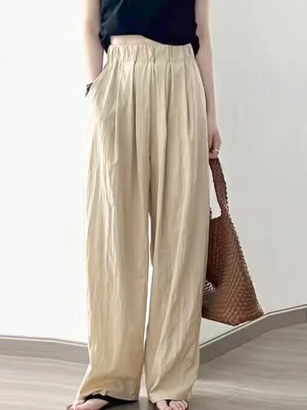 High Waisted Loose Elasticity Pleated Pockets Solid Color Pants Trousers - Image 8