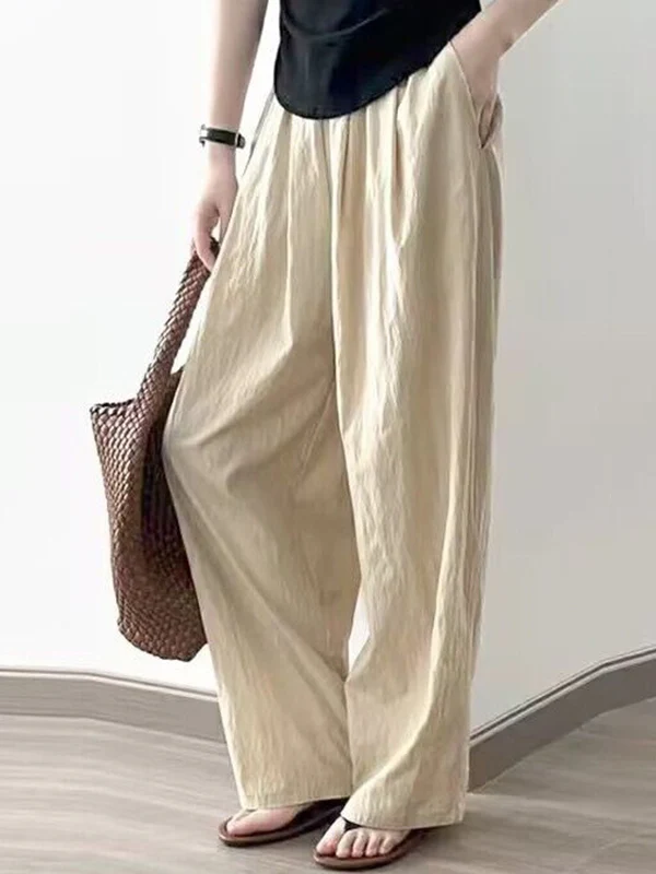 High Waisted Loose Elasticity Pleated Pockets Solid Color Pants Trousers - Image 9