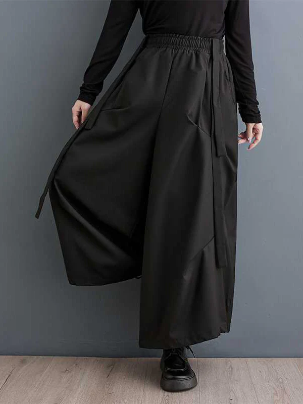 High Waisted Loose Elasticity Pleated Pockets Solid Color Pants Trousers - Image 2