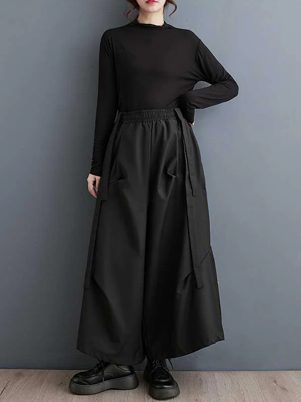 High Waisted Loose Elasticity Pleated Pockets Solid Color Pants Trousers - Image 4