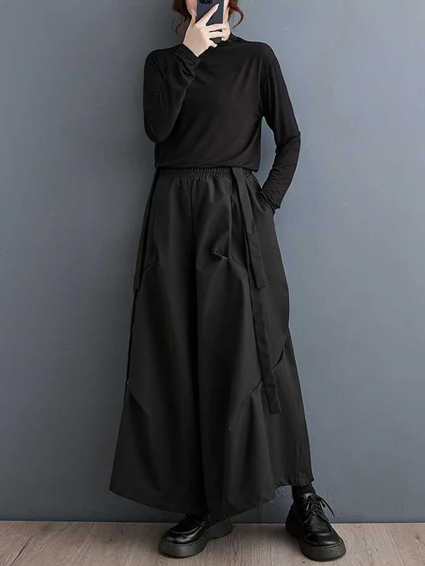 High Waisted Loose Elasticity Pleated Pockets Solid Color Pants Trousers - Image 5