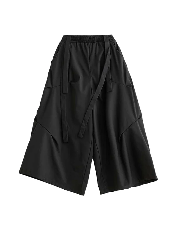 High Waisted Loose Elasticity Pleated Pockets Solid Color Pants Trousers - Image 6