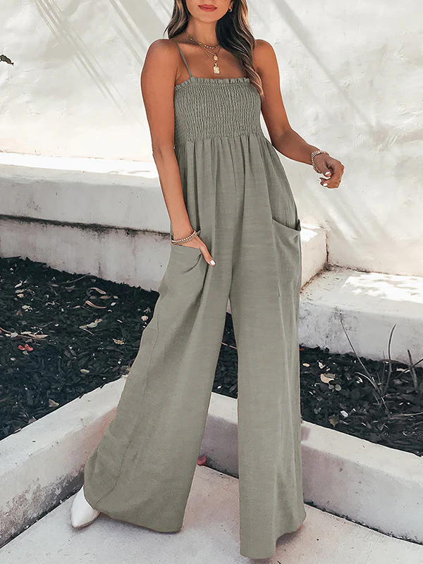 High Waisted Loose Elasticity Pleated Pockets Split-Joint Spaghetti-Neck Jumpsuits - Image 3