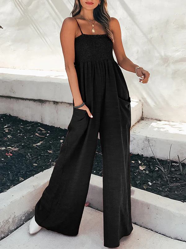 High Waisted Loose Elasticity Pleated Pockets Split-Joint Spaghetti-Neck Jumpsuits - Image 4