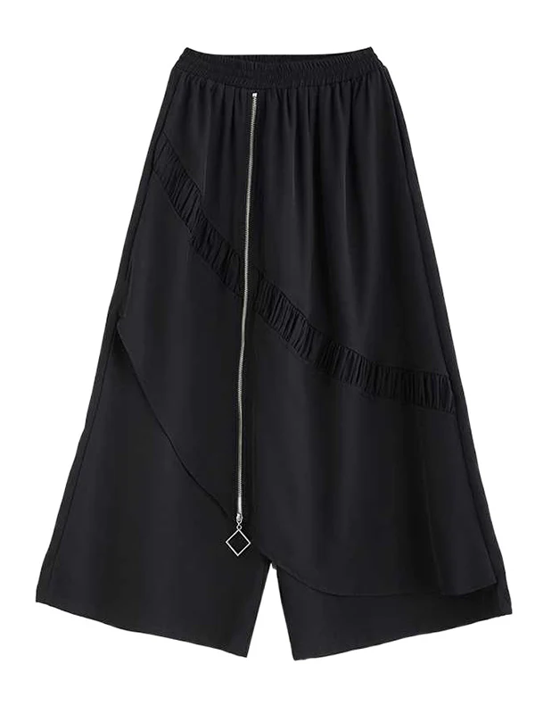 High Waisted Loose Elasticity Pleated Pockets Split-Joint Zipper Culotte Pants - Image 11