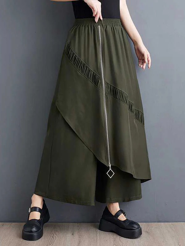 High Waisted Loose Elasticity Pleated Pockets Split-Joint Zipper Culotte Pants - Image 2