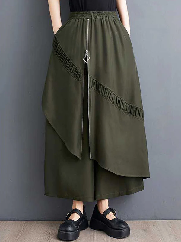High Waisted Loose Elasticity Pleated Pockets Split-Joint Zipper Culotte Pants - Image 3