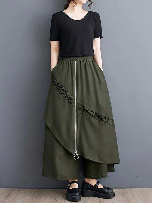 High Waisted Loose Elasticity Pleated Pockets Split-Joint Zipper Culotte Pants - Image 4