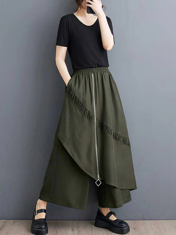 High Waisted Loose Elasticity Pleated Pockets Split-Joint Zipper Culotte Pants - Image 5