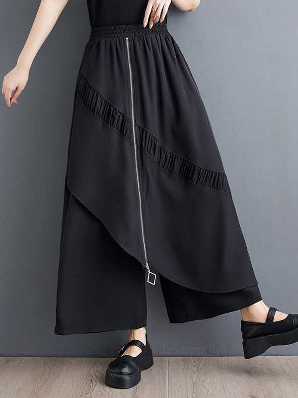 High Waisted Loose Elasticity Pleated Pockets Split-Joint Zipper Culotte Pants - Image 6