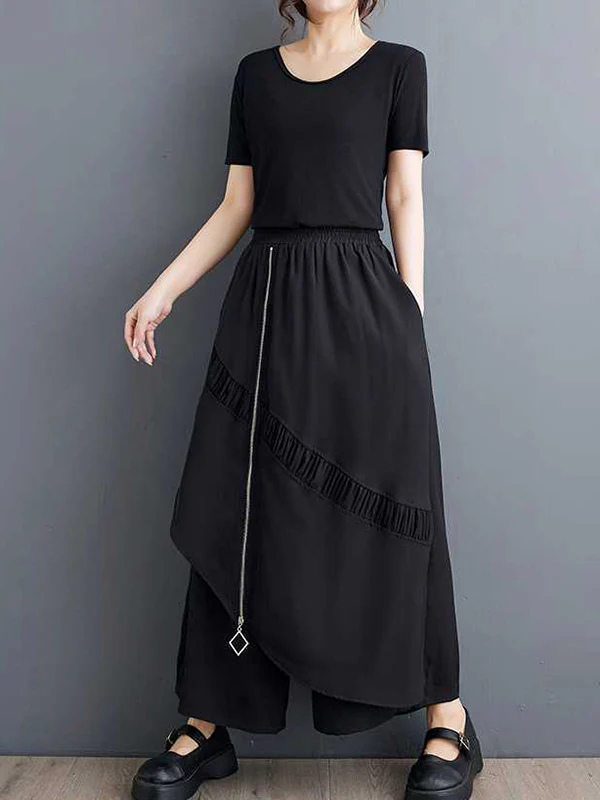 High Waisted Loose Elasticity Pleated Pockets Split-Joint Zipper Culotte Pants - Image 7
