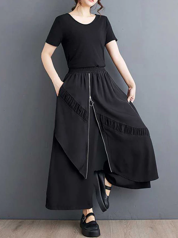 High Waisted Loose Elasticity Pleated Pockets Split-Joint Zipper Culotte Pants - Image 8
