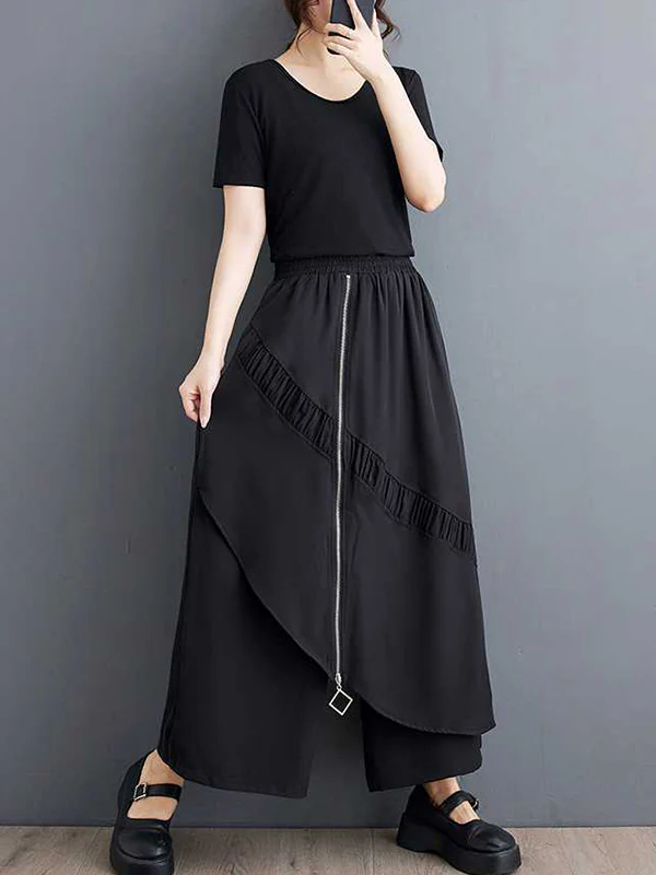 High Waisted Loose Elasticity Pleated Pockets Split-Joint Zipper Culotte Pants - Image 9