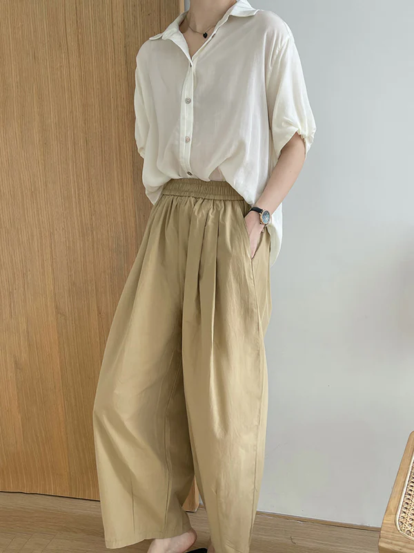 High Waisted Loose Elasticity Pleated Solid Color Split-Joint Pants Trousers - Image 10