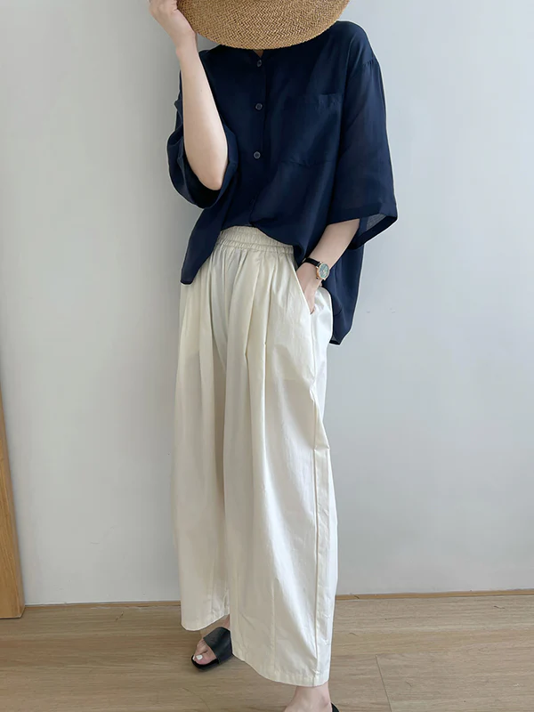 High Waisted Loose Elasticity Pleated Solid Color Split-Joint Pants Trousers - Image 11