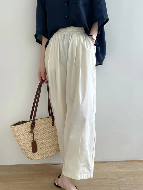 High Waisted Loose Elasticity Pleated Solid Color Split-Joint Pants Trousers - Image 12