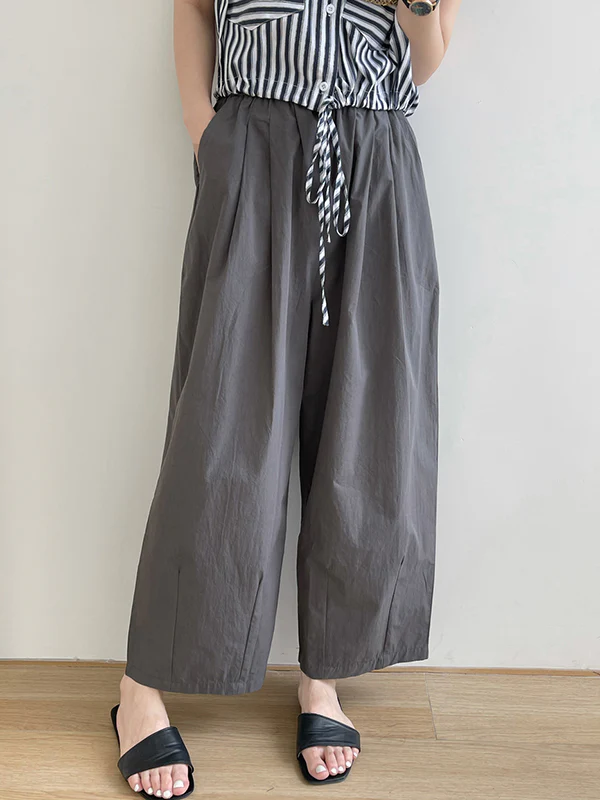 High Waisted Loose Elasticity Pleated Solid Color Split-Joint Pants Trousers - Image 16