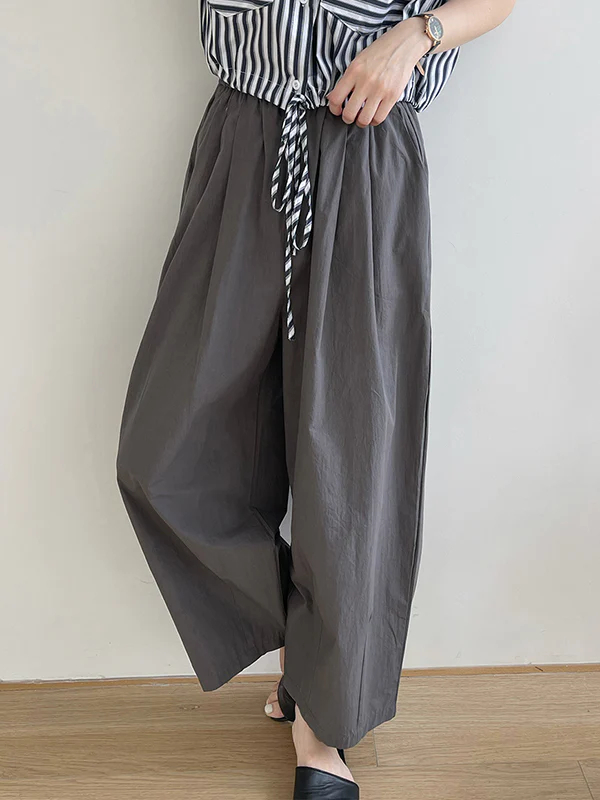 High Waisted Loose Elasticity Pleated Solid Color Split-Joint Pants Trousers - Image 17