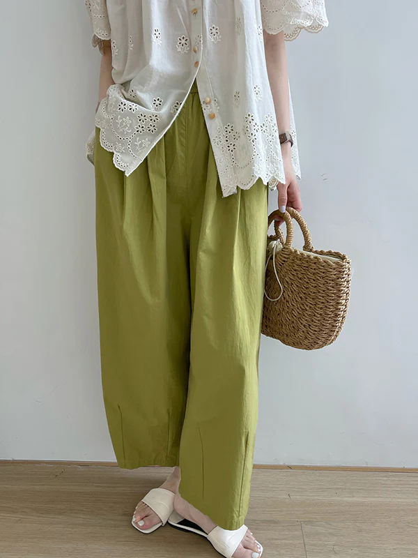High Waisted Loose Elasticity Pleated Solid Color Split-Joint Pants Trousers - Image 2