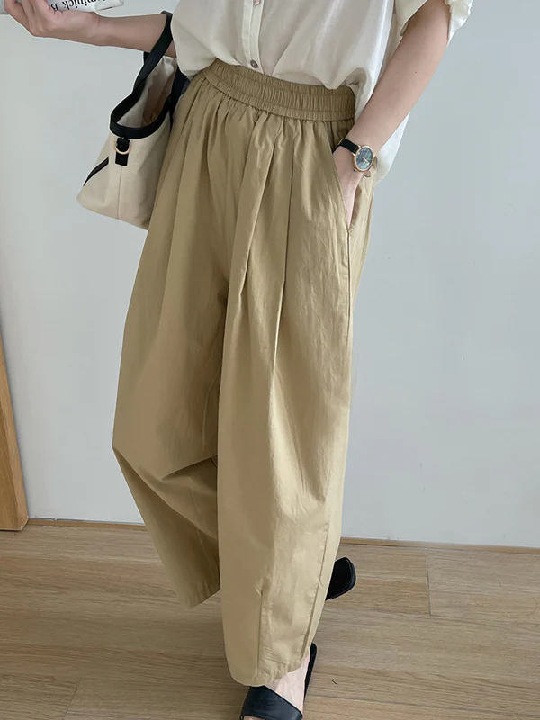 High Waisted Loose Elasticity Pleated Solid Color Split-Joint Pants Trousers - Image 20