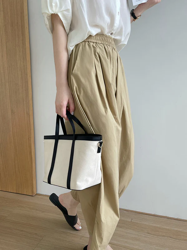 High Waisted Loose Elasticity Pleated Solid Color Split-Joint Pants Trousers - Image 21