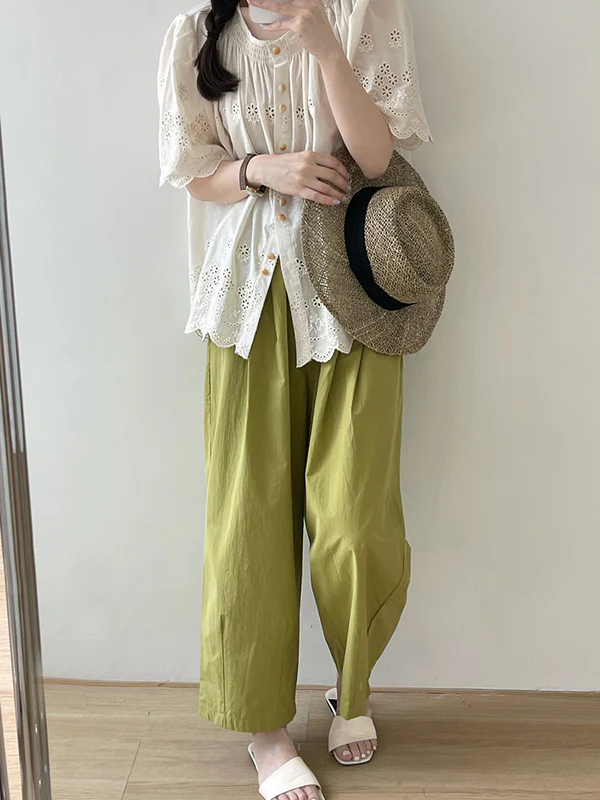 High Waisted Loose Elasticity Pleated Solid Color Split-Joint Pants Trousers - Image 5