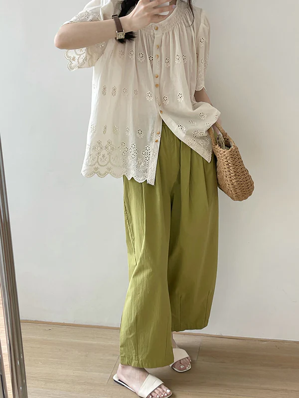 High Waisted Loose Elasticity Pleated Solid Color Split-Joint Pants Trousers - Image 6