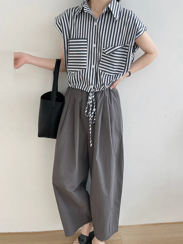 High Waisted Loose Elasticity Pleated Solid Color Split-Joint Pants Trousers - Image 7