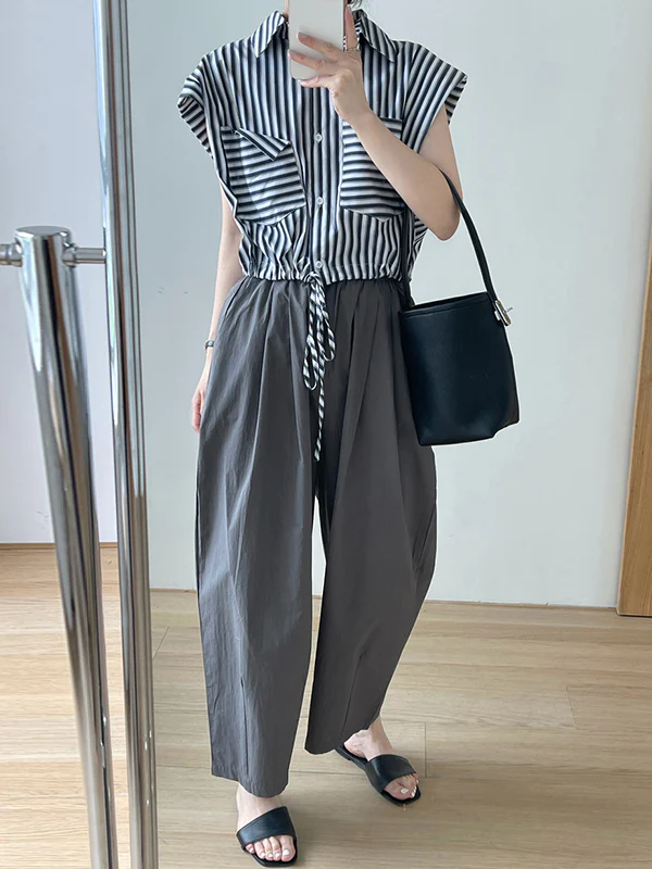High Waisted Loose Elasticity Pleated Solid Color Split-Joint Pants Trousers - Image 8