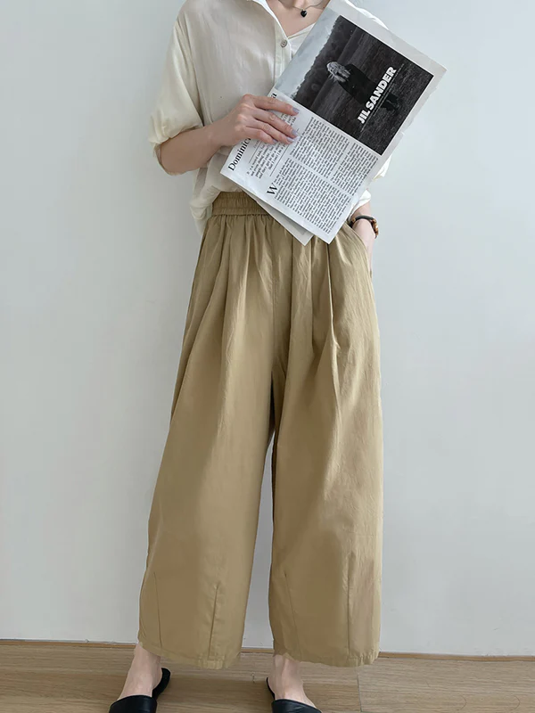 High Waisted Loose Elasticity Pleated Solid Color Split-Joint Pants Trousers - Image 9