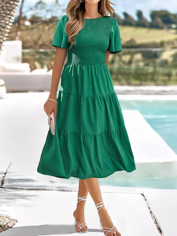 High Waisted Loose Elasticity Pleated Solid Color Split-Joint Round-Neck Midi Dresses - Image 3