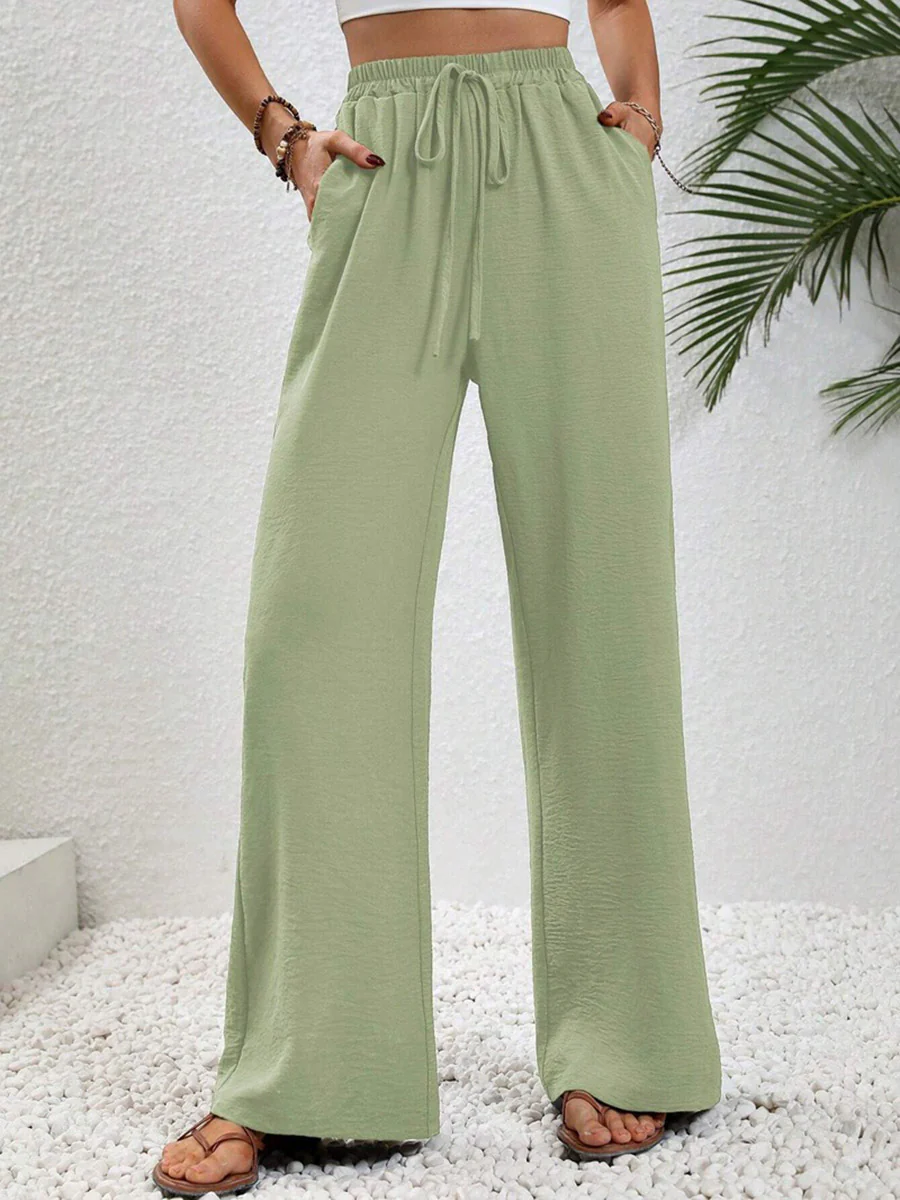 High Waisted Loose Elasticity Pleated Solid Color Tied Waist Pants Trousers - Image 10